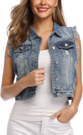 MISS MOLY Women's Cropped Distressed Ripped Denim Vest Classic Sleeveless Jean Vest Jackets With Flap Pockets