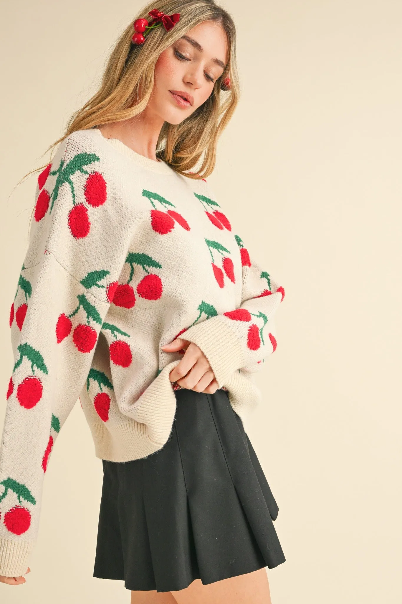 Quinn Cherry Knit Sweater, Ivory