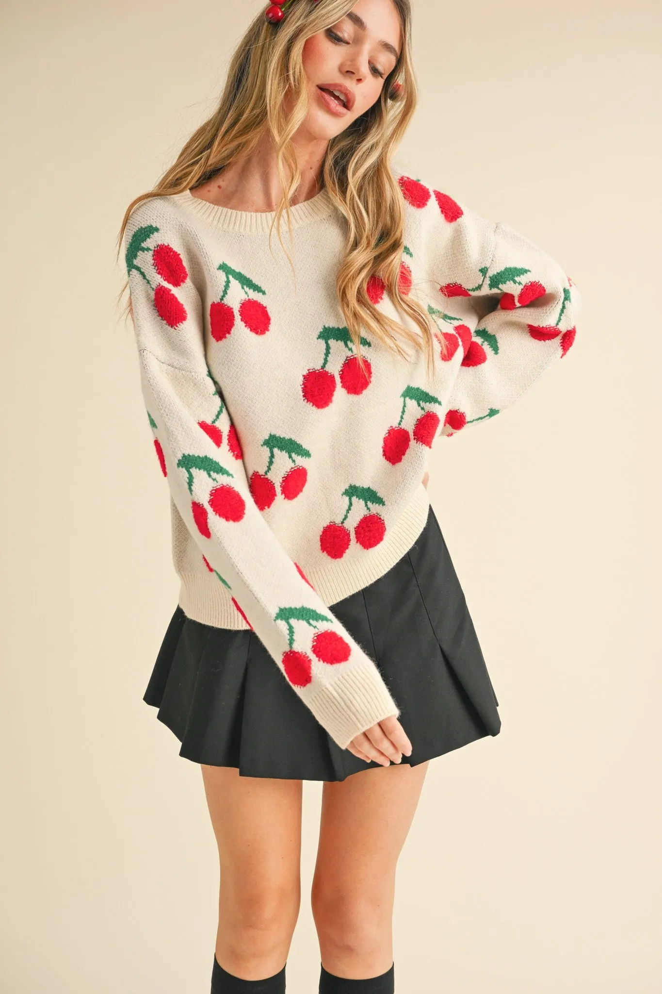 Quinn Cherry Knit Sweater, Ivory
