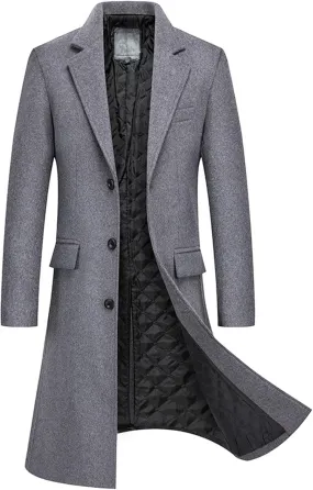 SOMTHRON Men's Wool Blend Pea Coat Slim Fit Single Breasted Notched Lapel Winter Business Long Trench Coat Overcoat