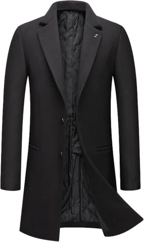 SOMTHRON Men's Wool Blend Trench Coat Single Breasted Notched Lapel Mid Long Winter Peacoat Overcoat with Pockets