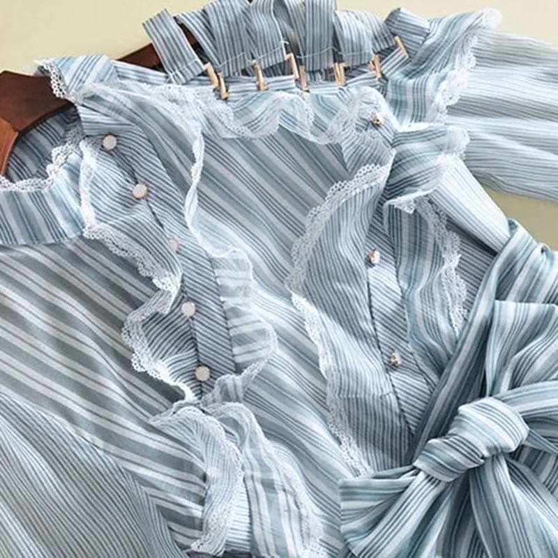 Street Wear Striped Ruffles Off Shoulder Lantern Sleeve Belt High Waist Asymmetrical Mini Dress