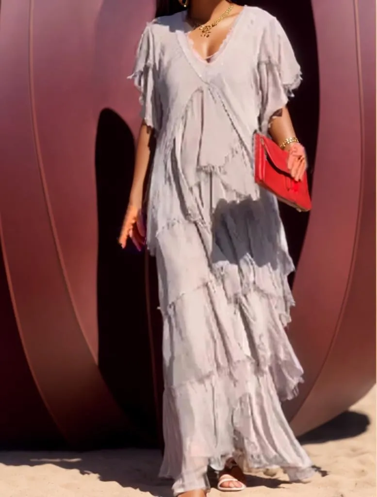 TIAFORD Women Casual Boho Maxi Dress Summer Short Sleeve V Neck Tiered Layered Irregular Loose Flowy Wedding Guest Long Dress