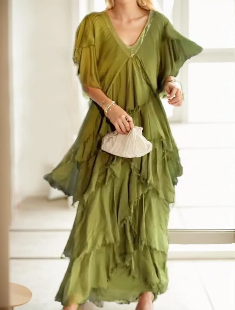TIAFORD Women Casual Boho Maxi Dress Summer Short Sleeve V Neck Tiered Layered Irregular Loose Flowy Wedding Guest Long Dress