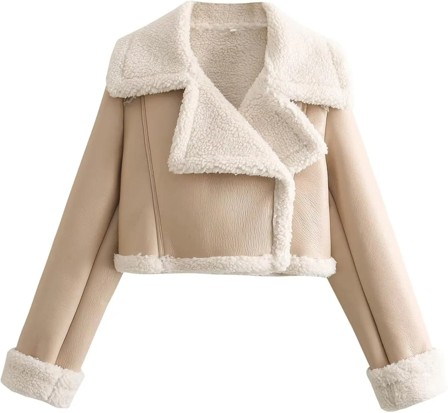 Uillui Womens Winter Faux Leather Jacket Motorcycle Short Sherpa-Lined Coat Thick Shearing Fur Lined Cropped Bomber Jacket