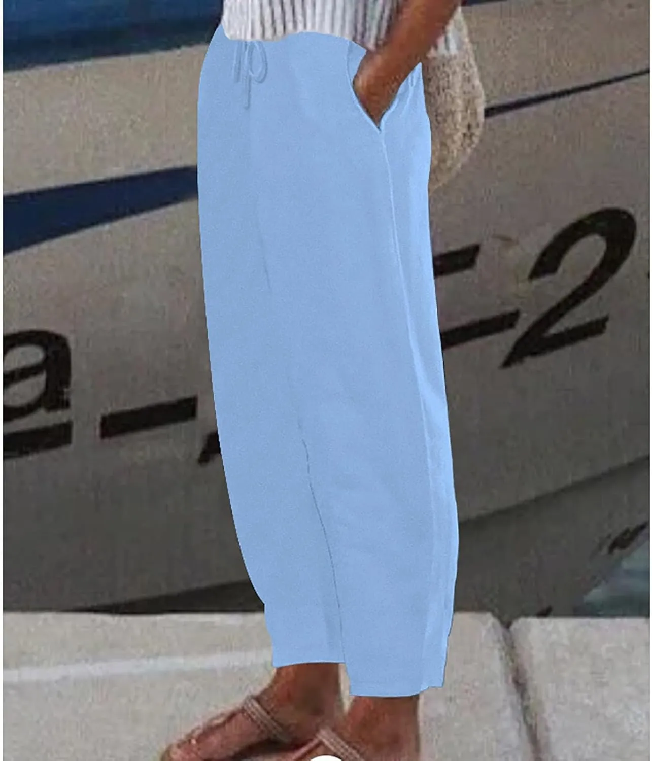 Women Linen Pants Wide Leg Casual Palazzo Trousers Cotton Linen Lounge Beach Summer Pants with Pockets