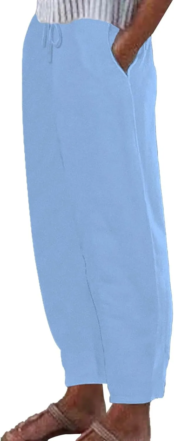 Women Linen Pants Wide Leg Casual Palazzo Trousers Cotton Linen Lounge Beach Summer Pants with Pockets