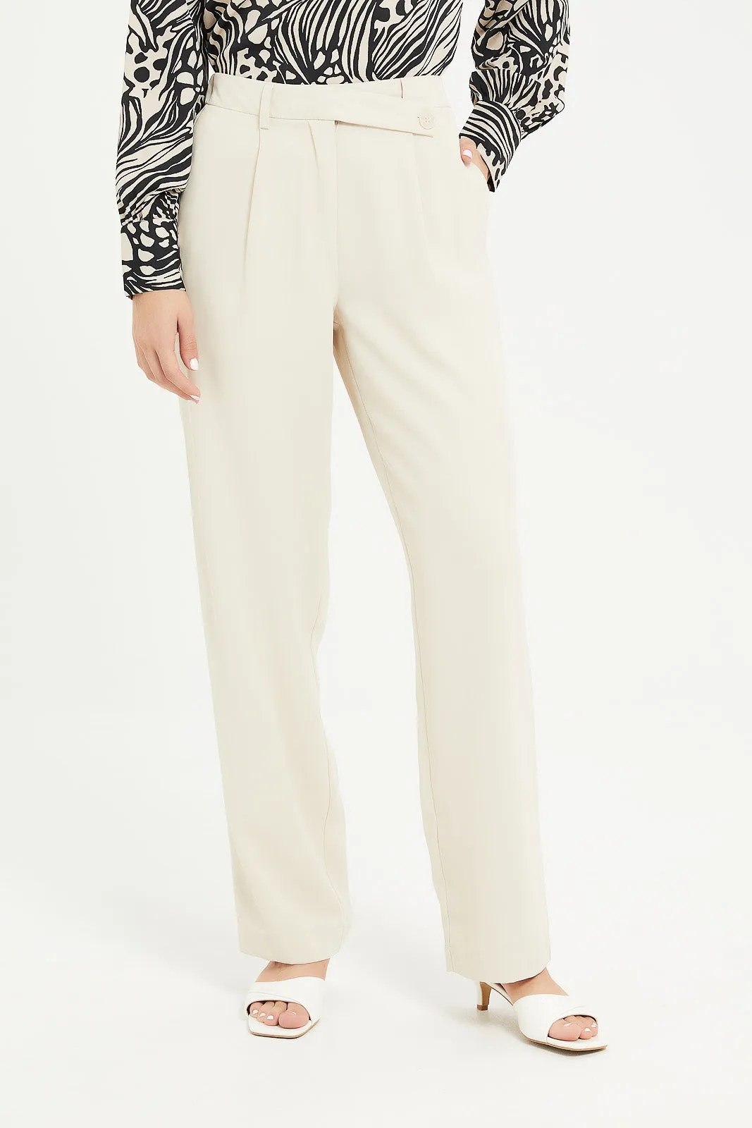 Womens Ecru Asymmetric Waist Wide Leg Trouser
