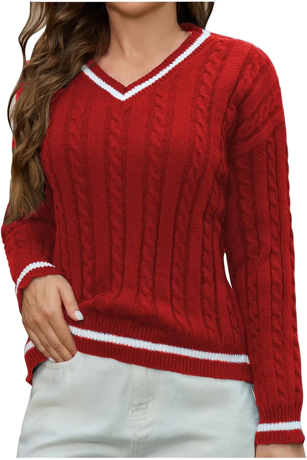 Women's Long Sleeve Fine Gauge Sweater Women's Cable Knit V Neck Sweater Casual Long Sleeve Striped Preppy Jumper Tops