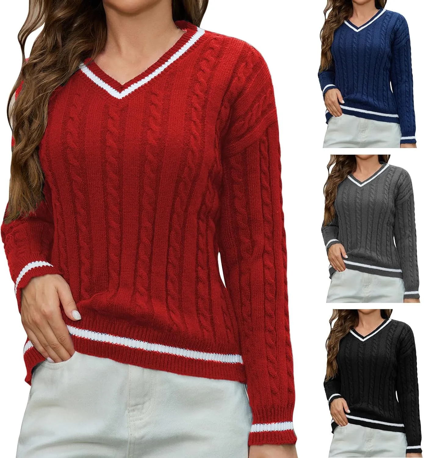 Women's Long Sleeve Fine Gauge Sweater Women's Cable Knit V Neck Sweater Casual Long Sleeve Striped Preppy Jumper Tops