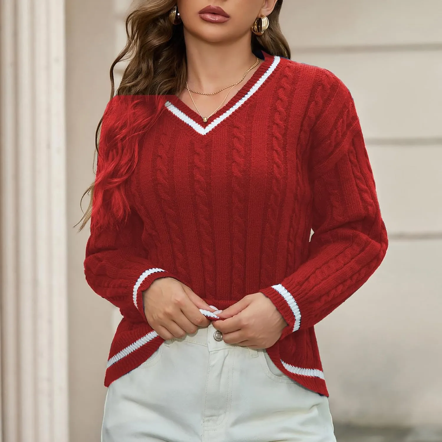 Women's Long Sleeve Fine Gauge Sweater Women's Cable Knit V Neck Sweater Casual Long Sleeve Striped Preppy Jumper Tops