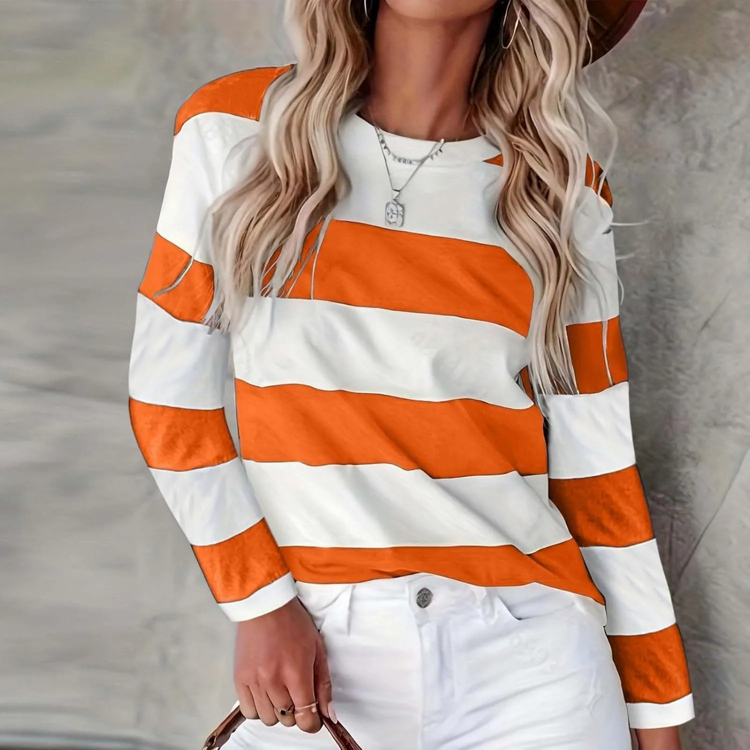 Womens Long Sleeve Shirts Striped Casual Crewneck Tops Tshirt Basic Tees Fall Fashion Clothes Trendy Outfits