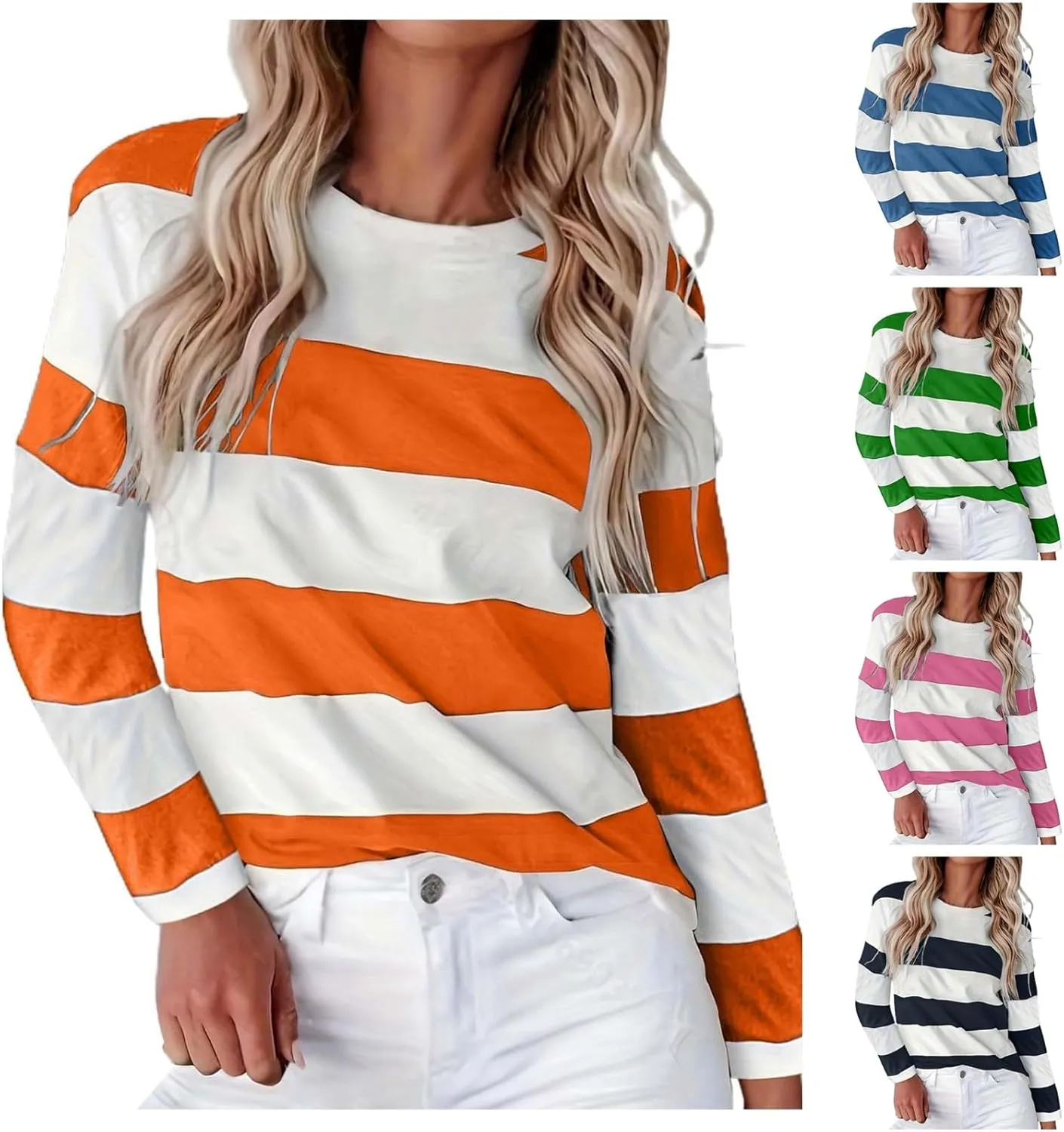 Womens Long Sleeve Shirts Striped Casual Crewneck Tops Tshirt Basic Tees Fall Fashion Clothes Trendy Outfits