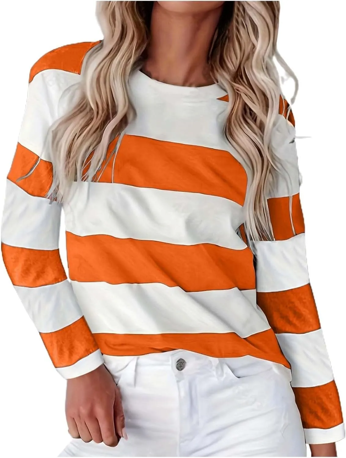 Womens Long Sleeve Shirts Striped Casual Crewneck Tops Tshirt Basic Tees Fall Fashion Clothes Trendy Outfits