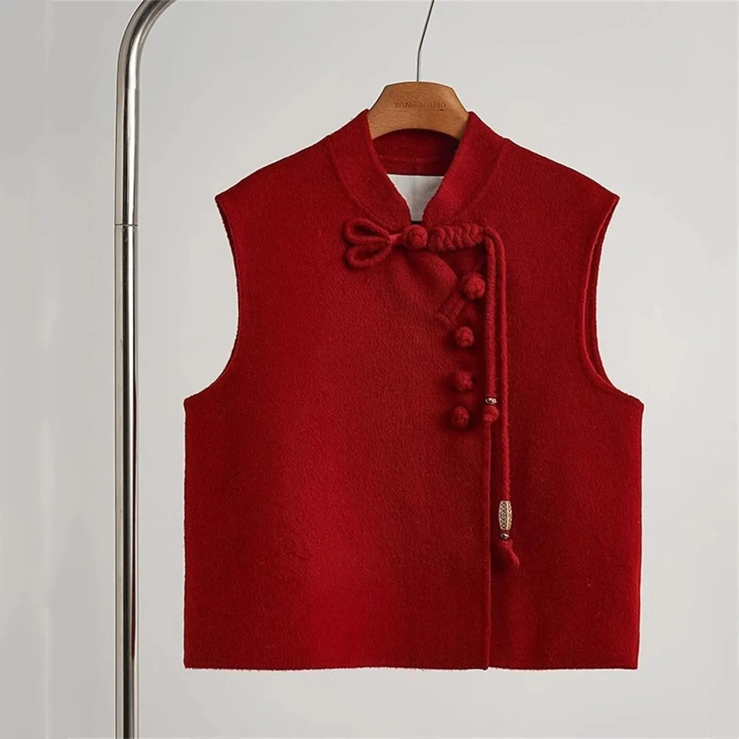 Women's Mandarin Collar Cropped Vest - Elegant Asymmetrical Sleeveless Red Wedding Guest Waistcoat with Frog Buttons