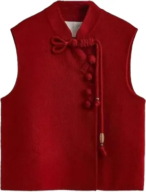 Women's Mandarin Collar Cropped Vest - Elegant Asymmetrical Sleeveless Red Wedding Guest Waistcoat with Frog Buttons