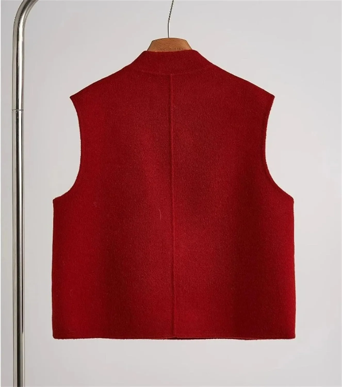 Women's Mandarin Collar Cropped Vest - Elegant Asymmetrical Sleeveless Red Wedding Guest Waistcoat with Frog Buttons