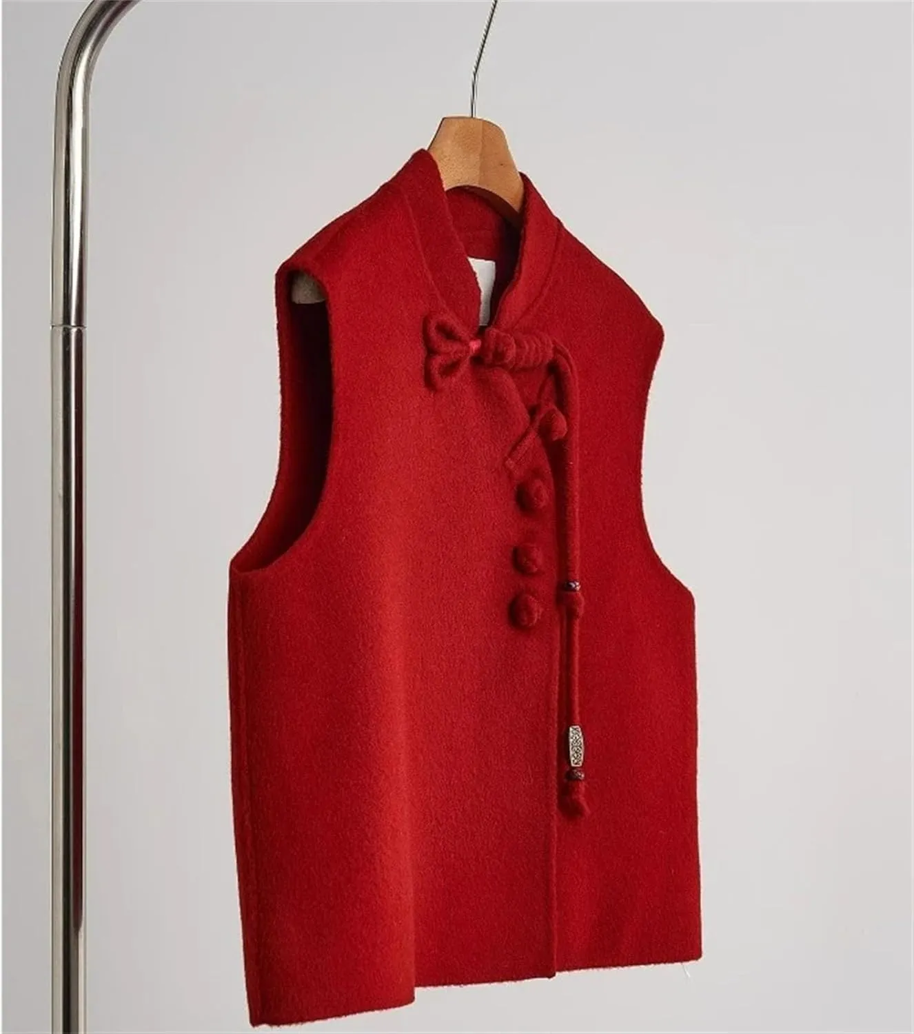 Women's Mandarin Collar Cropped Vest - Elegant Asymmetrical Sleeveless Red Wedding Guest Waistcoat with Frog Buttons