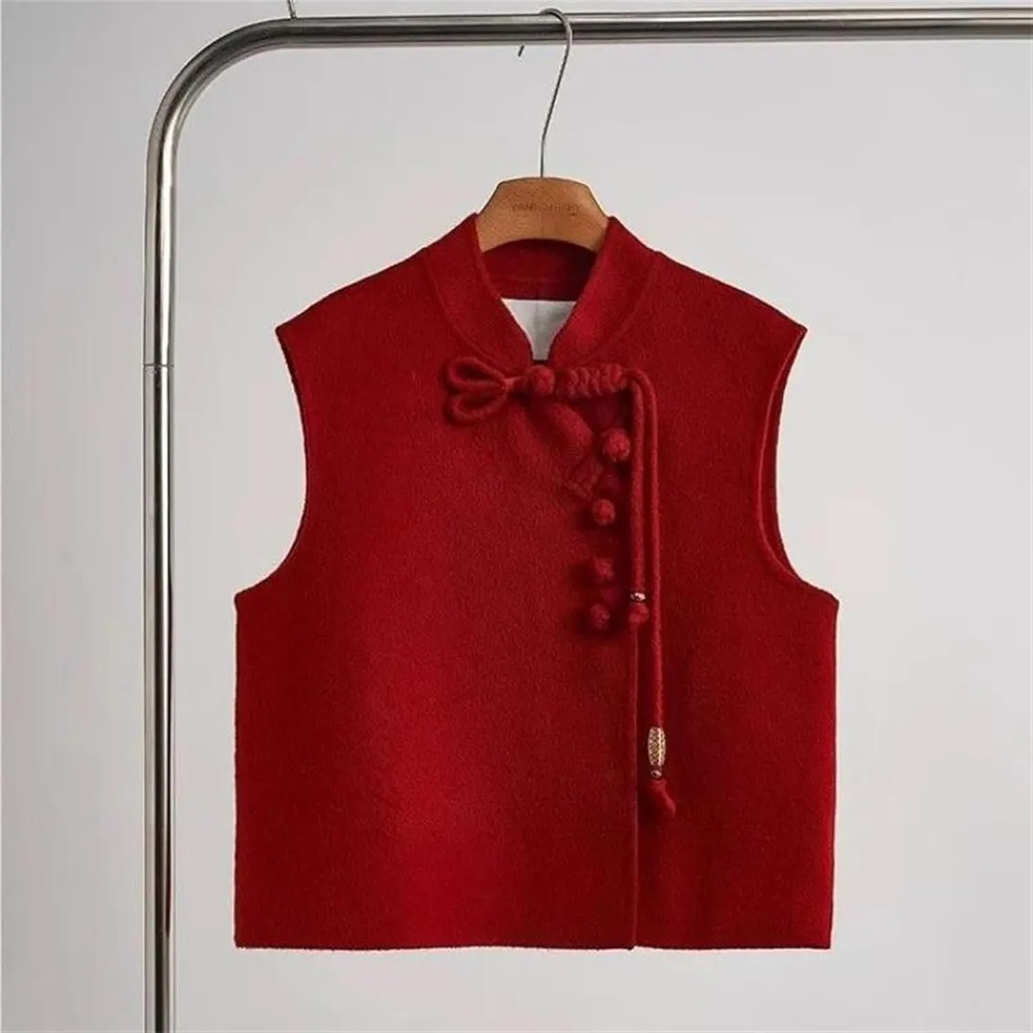 Women's Mandarin Collar Cropped Vest - Elegant Asymmetrical Sleeveless Red Wedding Guest Waistcoat with Frog Buttons