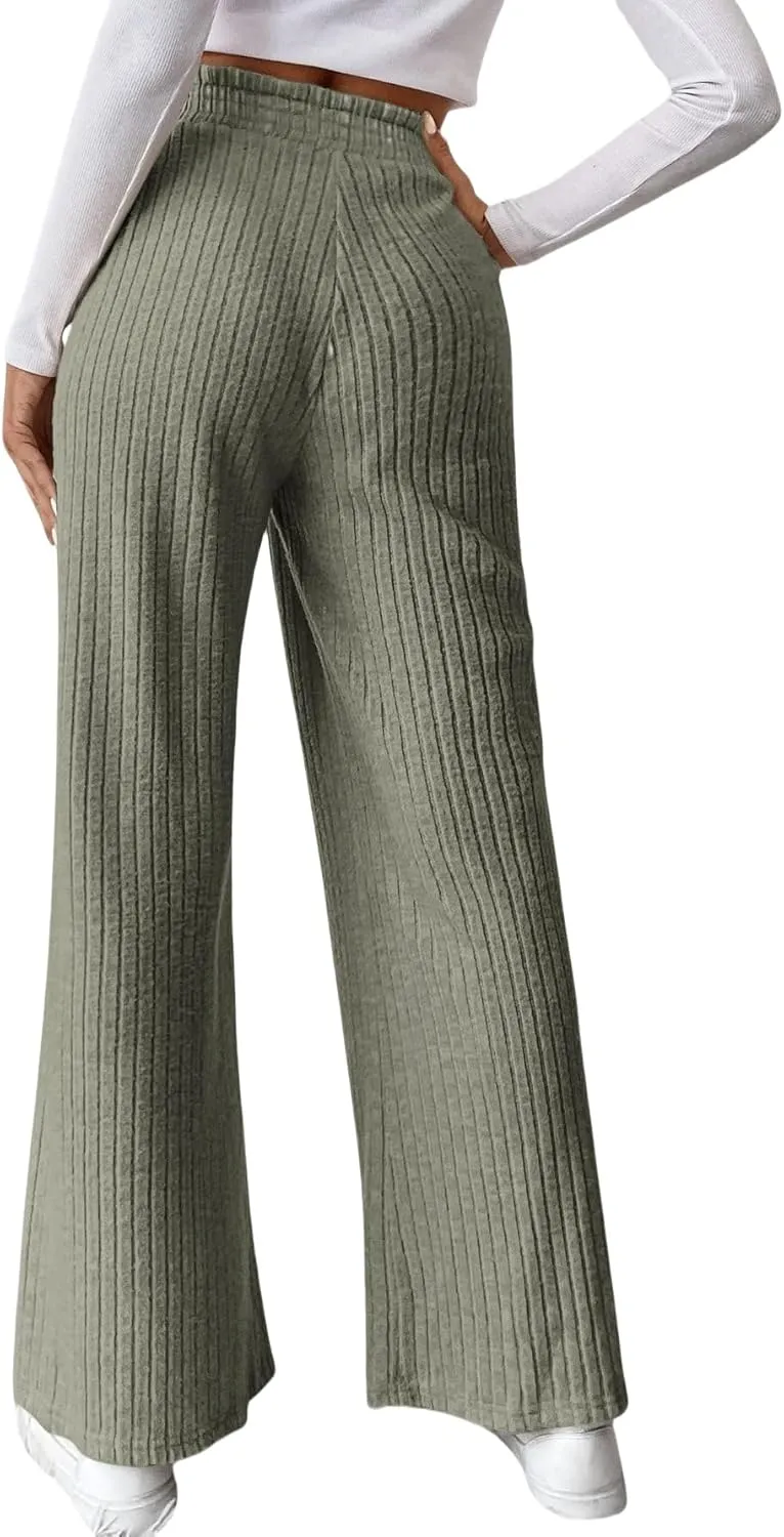 Women's Ribbed Knit Pants Casual Elastic High Waisted Pants Loose fit Wide Leg Long Lounge Pants Straight Leg Trousers