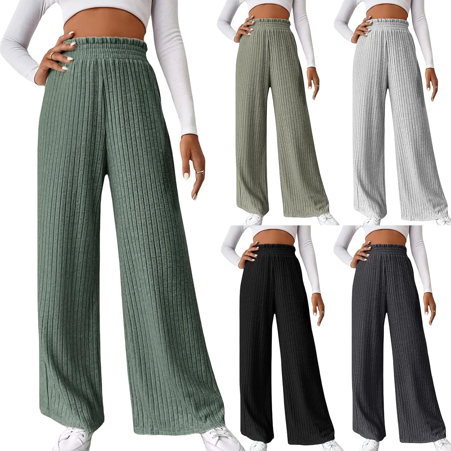 Women's Ribbed Knit Pants Casual Elastic High Waisted Pants Loose fit Wide Leg Long Lounge Pants Straight Leg Trousers