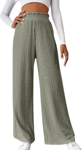 Women's Ribbed Knit Pants Casual Elastic High Waisted Pants Loose fit Wide Leg Long Lounge Pants Straight Leg Trousers