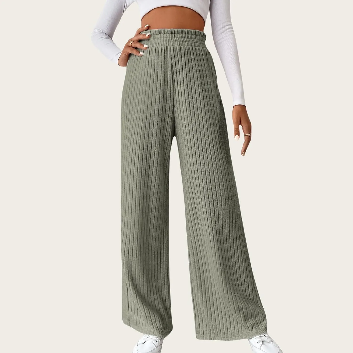 Women's Ribbed Knit Pants Casual Elastic High Waisted Pants Loose fit Wide Leg Long Lounge Pants Straight Leg Trousers