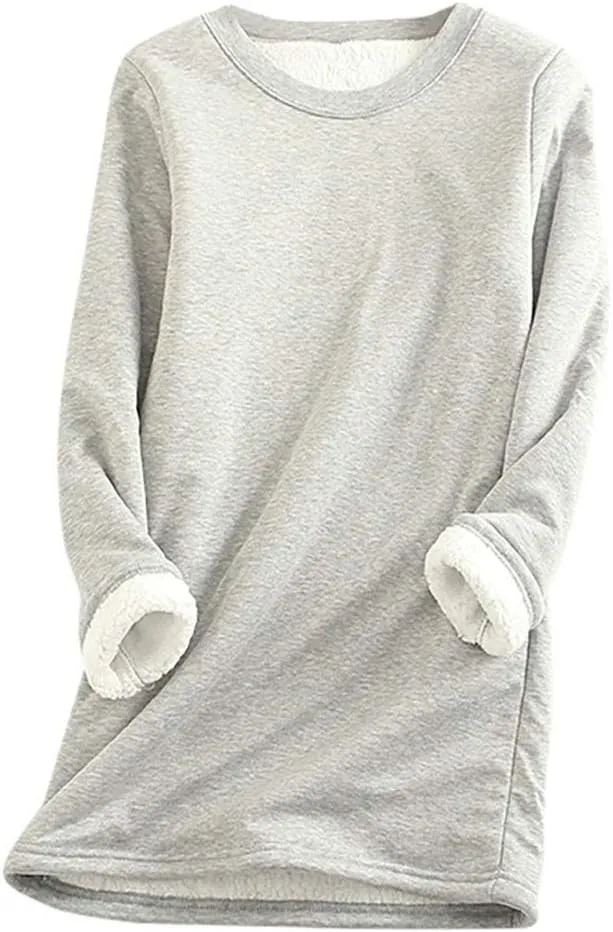 Womens Sherpa Lined Sweatshirts Casual Crewneck Fleece Pullover Long Sleeve Thermal Sweater Winter Clothes 2024