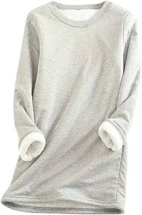 Womens Sherpa Lined Sweatshirts Casual Crewneck Fleece Pullover Long Sleeve Thermal Sweater Winter Clothes 2024