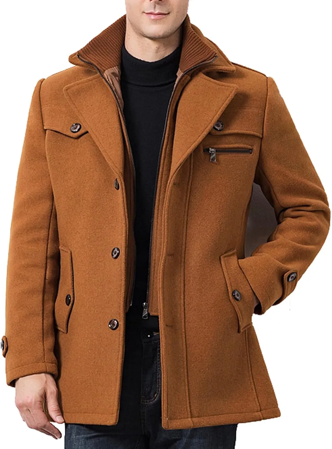 Zeiyignr Men's Winter Wool Coats Slim Fit Single Breasted Trench Jacket Woolen Pea Coat Thickened Warm Overcoat with Pockets