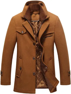 Zeiyignr Men's Winter Wool Coats Slim Fit Single Breasted Trench Jacket Woolen Pea Coat Thickened Warm Overcoat with Pockets