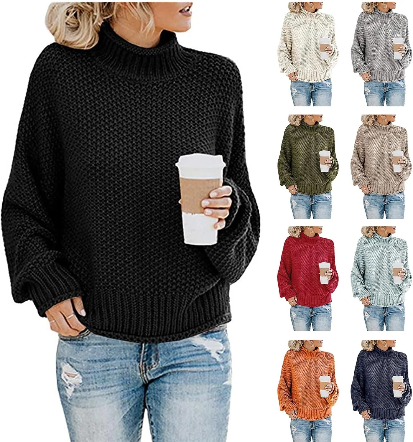 ZWRXW Womens Turtleneck Oversized Sweaters Batwing Long Sleeve Pullover tops Chunky Knit Solid Jumper Winter Fall Sweater
