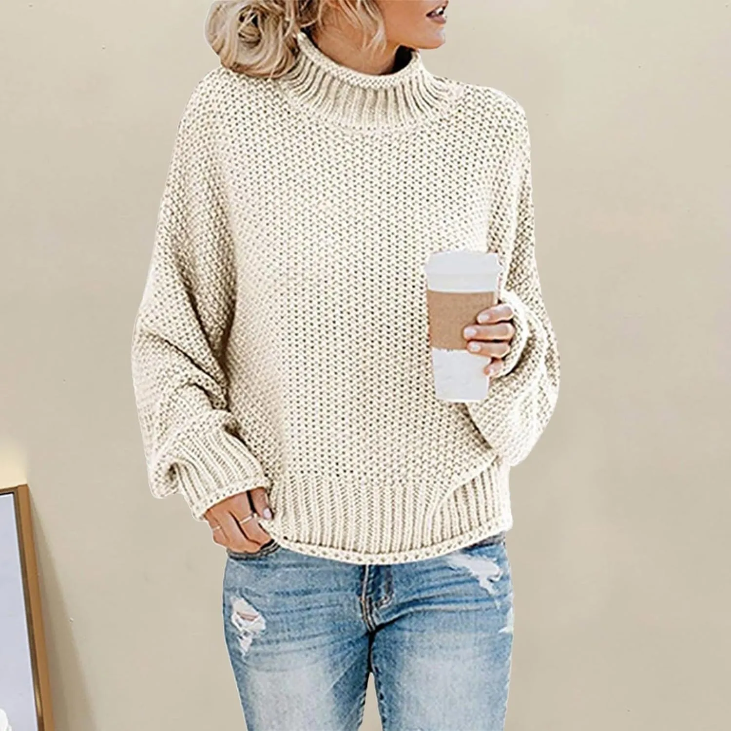 ZWRXW Womens Turtleneck Oversized Sweaters Batwing Long Sleeve Pullover tops Chunky Knit Solid Jumper Winter Fall Sweater